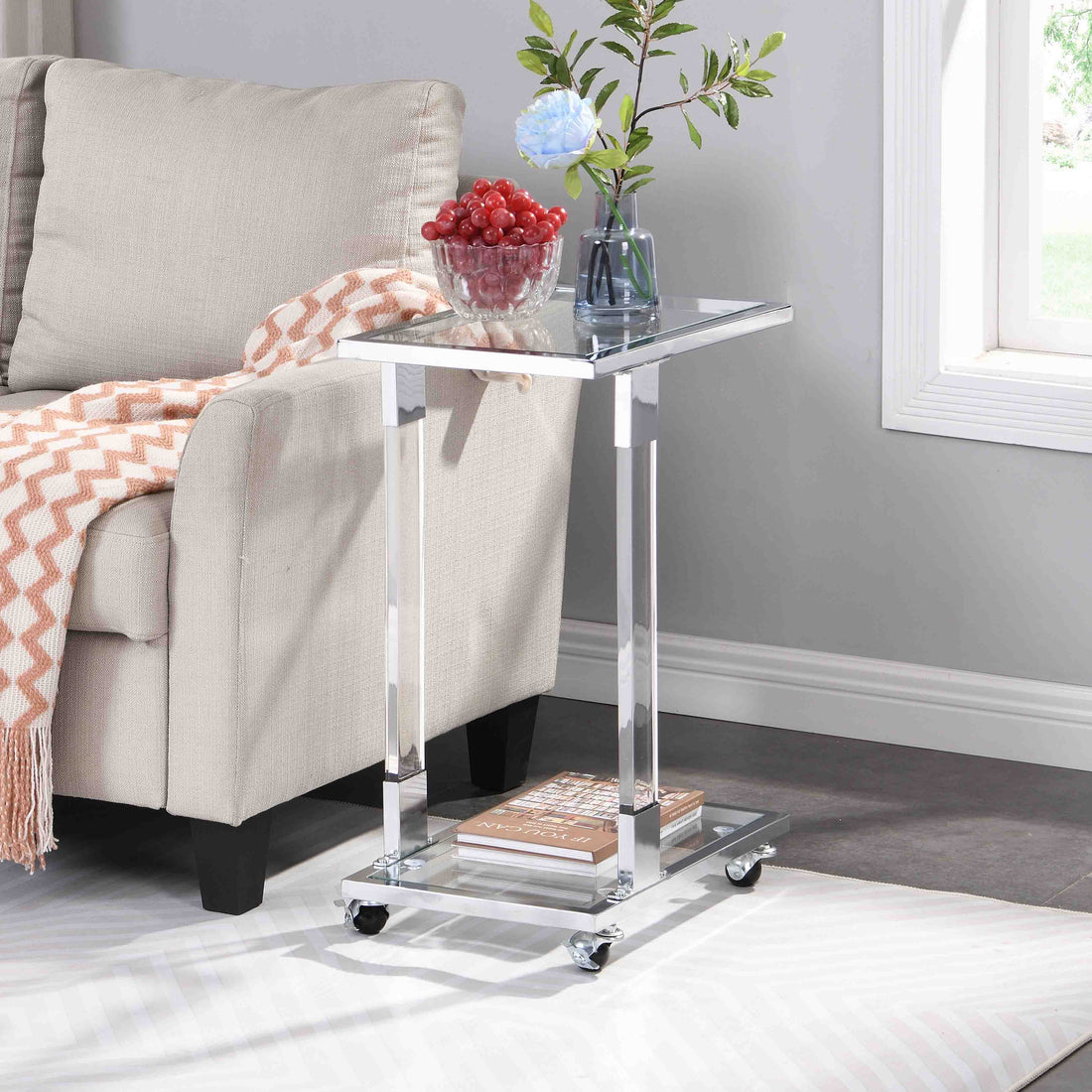 W82153573 Chrome Glass Side Table, Acrylic End Table, Glass Top C Shape Square Table With Metal Base For Living Room, Bedroom, Balcony Home And Office Chrome Glass Iron