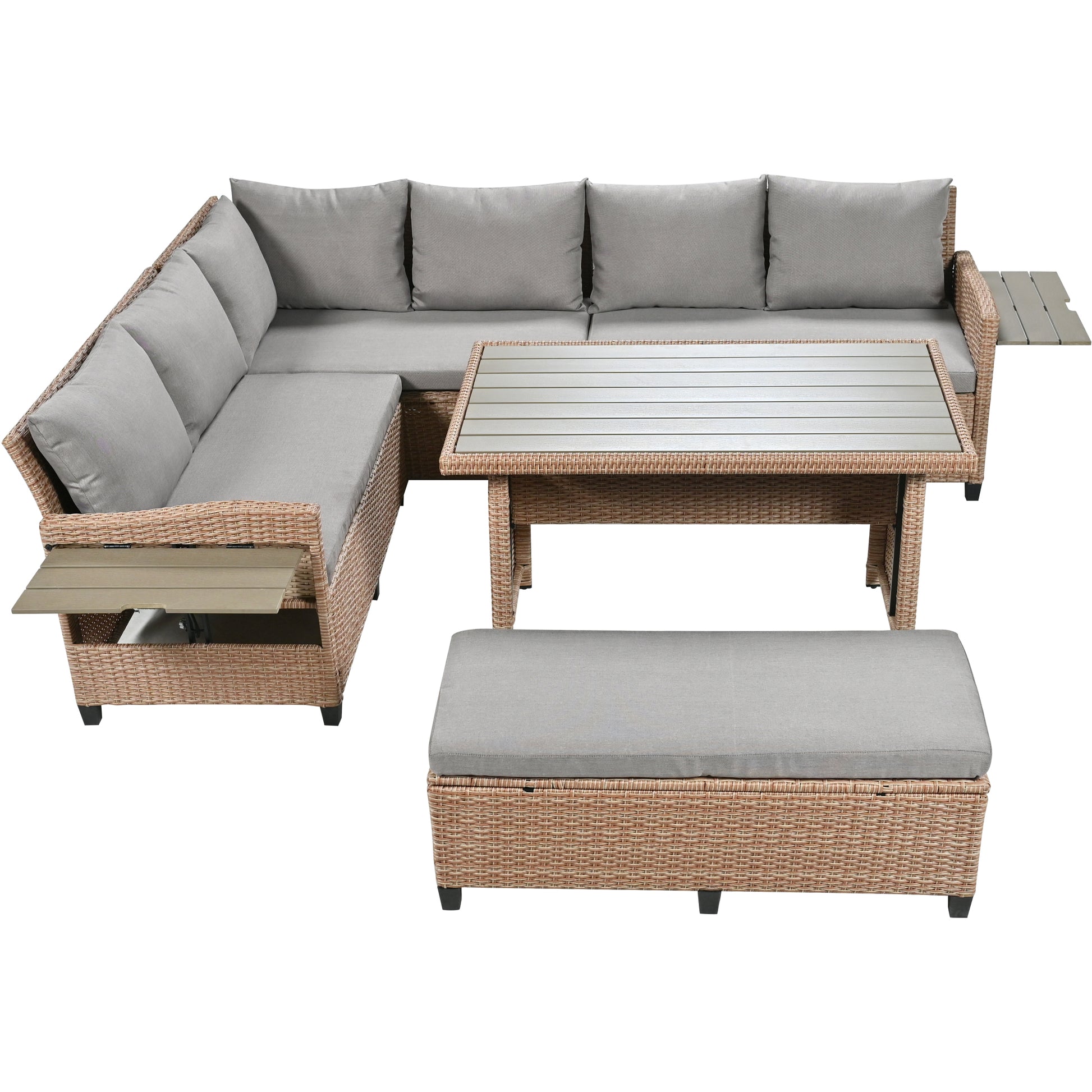 Tomax 5 Piece Outdoor Patio Rattan Sofa Set, Sectional Pe Wicker L Shaped Garden Furniture Set With 2 Extendable Side Tables, Dining Table And Washable Covers For Backyard, Poolside, Indoor, Brown