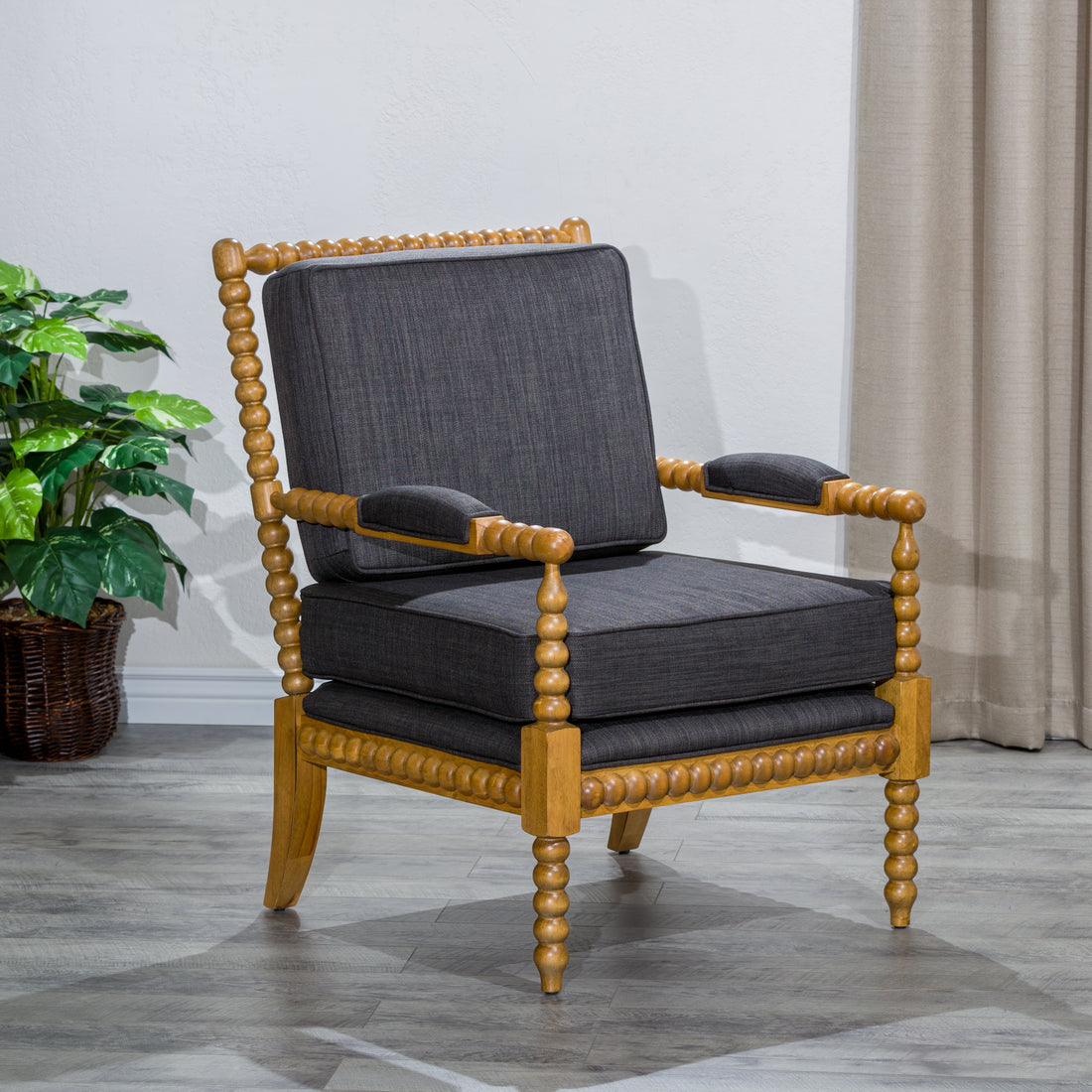 Spindle Chair, Weathered Oak, Charcoal Oak Fabric