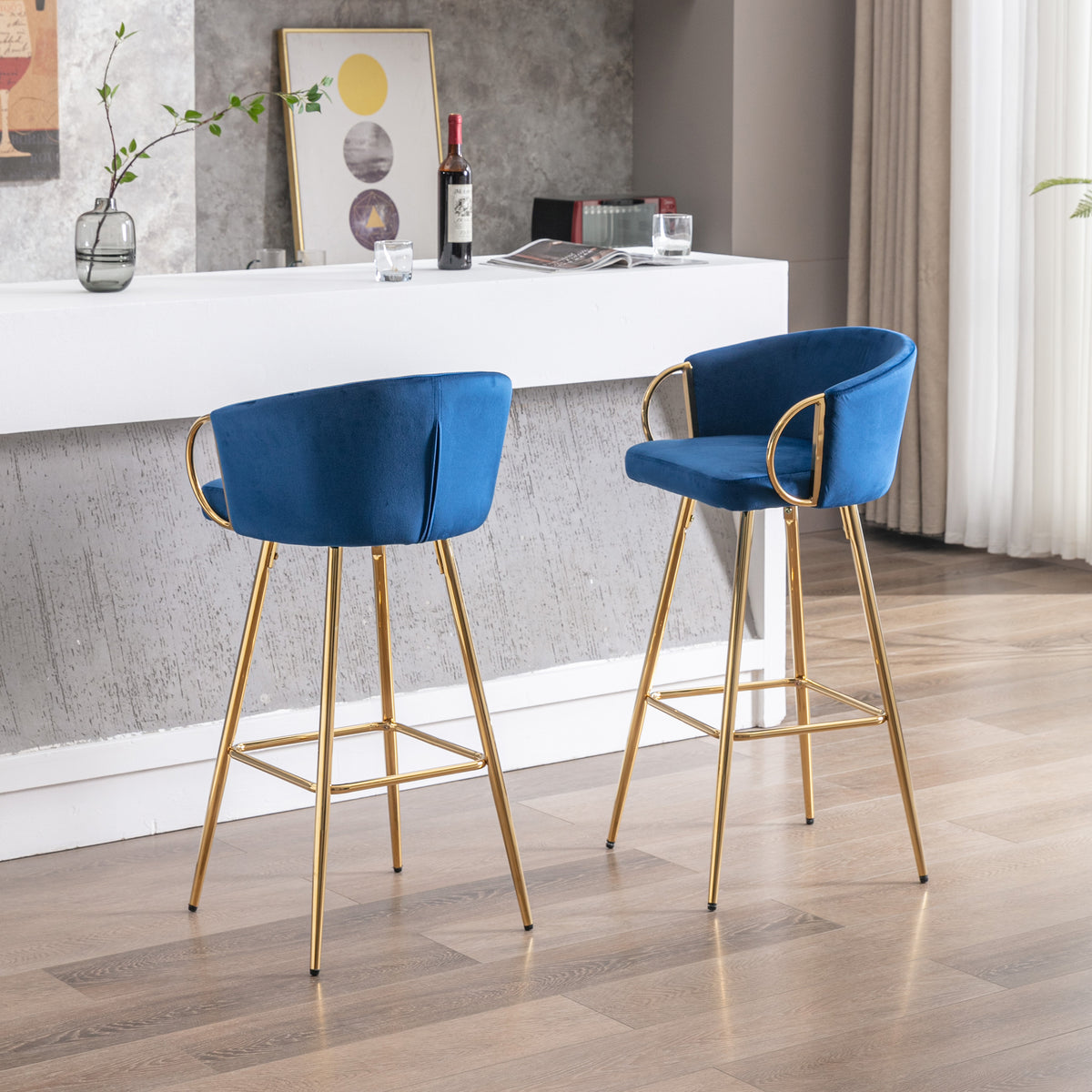 26 Inch Set Of 2 Bar Stools,With Chrome Footrest Velvet Golden Leg Simple Bar Stool,Blue Blue Foam Fabric
