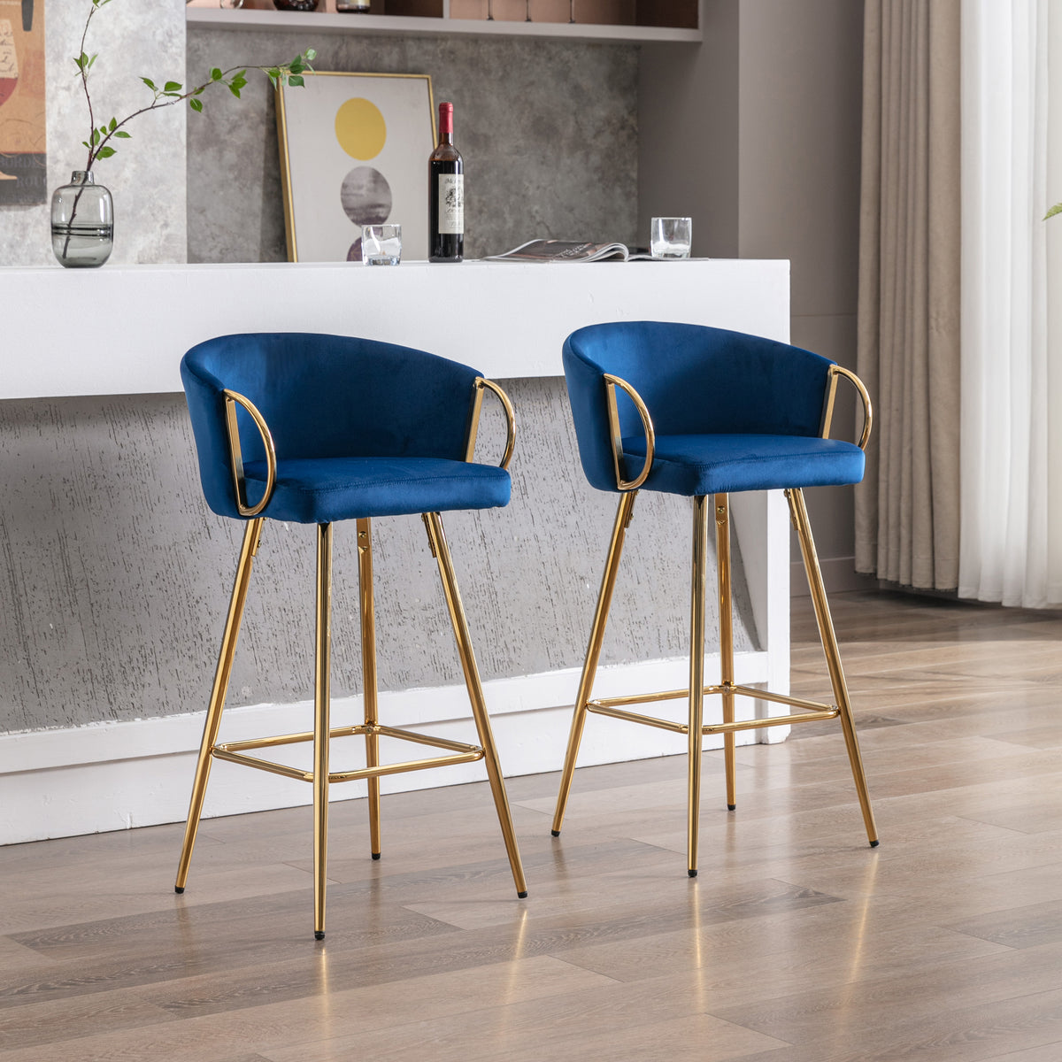 26 Inch Set Of 2 Bar Stools,With Chrome Footrest Velvet Golden Leg Simple Bar Stool,Blue Blue Foam Fabric