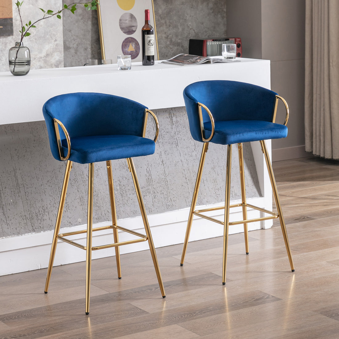 26 Inch Set Of 2 Bar Stools,With Chrome Footrest Velvet Golden Leg Simple Bar Stool,Blue Blue Foam Fabric