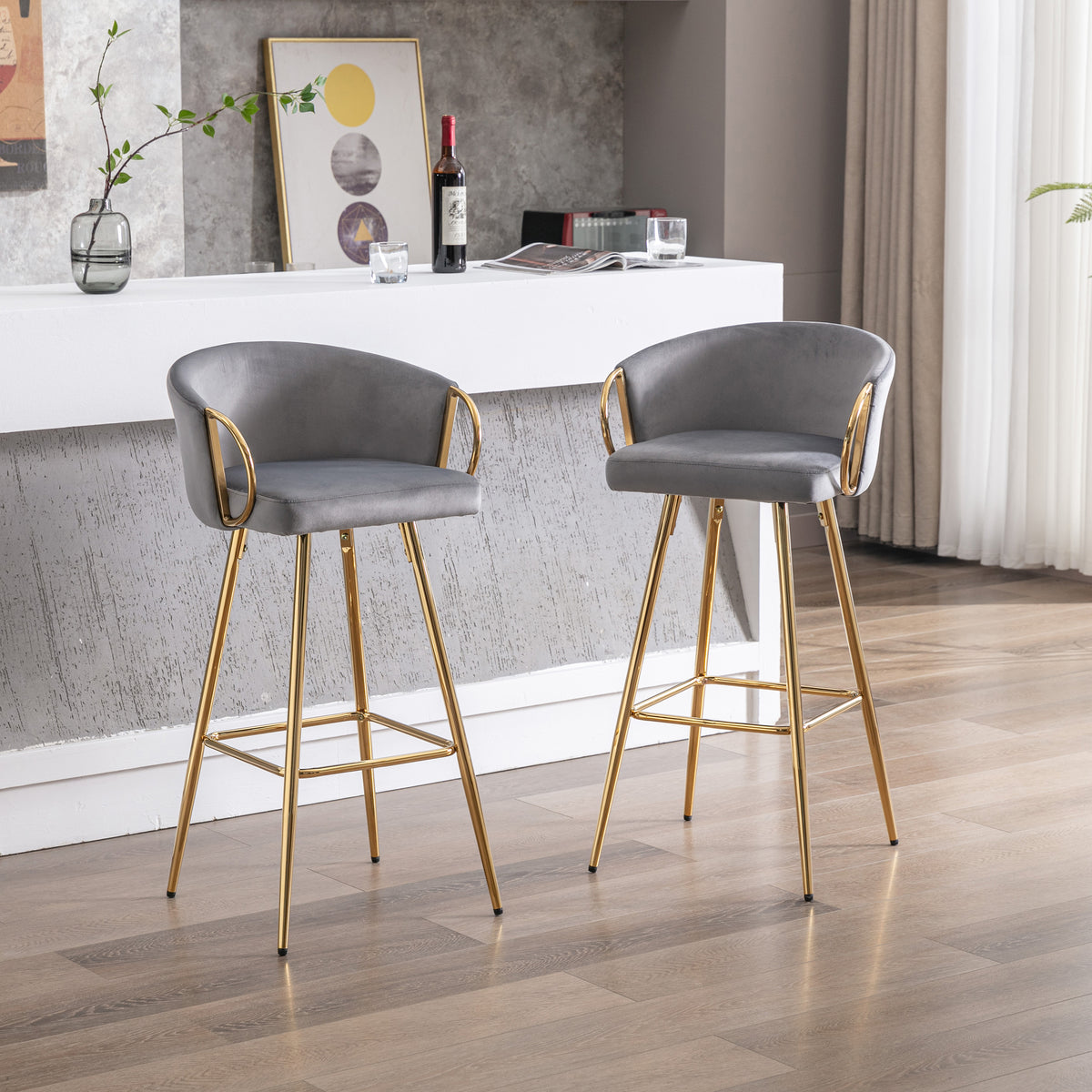 26 Inch Set Of 2 Bar Stools,With Chrome Footrest And Base Velvet Golden Leg Simple Bar Stool,Gray Gray Foam Fabric