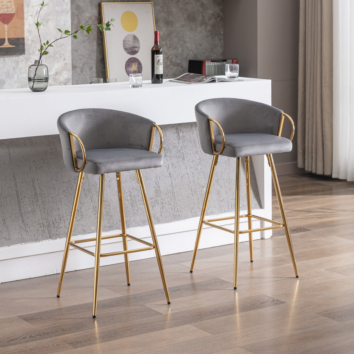 26 Inch Set Of 2 Bar Stools,With Chrome Footrest And Base Velvet Golden Leg Simple Bar Stool,Gray Gray Foam Fabric