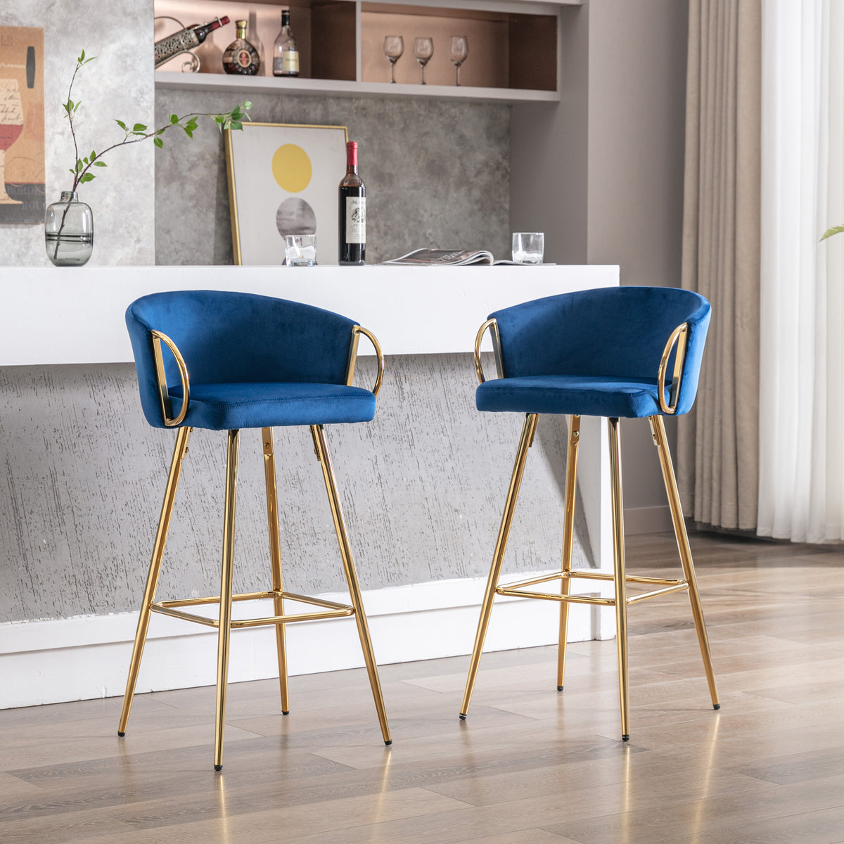 26 Inch Set Of 2 Bar Stools,With Chrome Footrest Velvet Golden Leg Simple Bar Stool,Blue Blue Foam Fabric