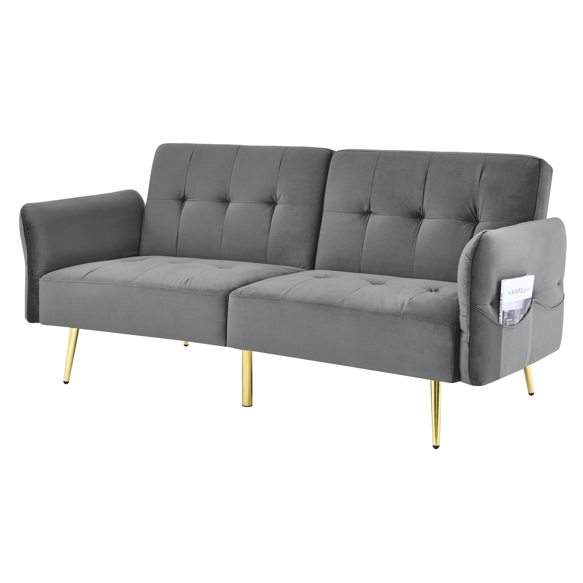 78" Italian Velvet Futon Sofa Bed, Convertible Sleeper Loveseat Couch With Folded Armrests And Storage Bags For Living Room And Small Space, Grey 280G Velvet Gray Foam Solid Wood