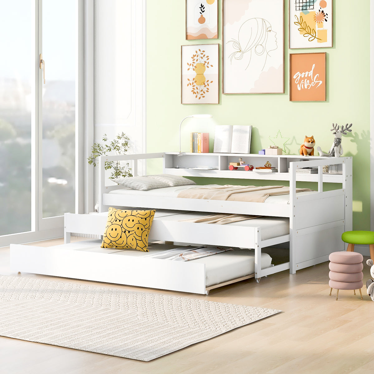 Twin Xl Wood Daybed With 2 Trundles, 3 Storage Cubbies, 1 Light And Usb Charging Design, White Gray Solid Wood