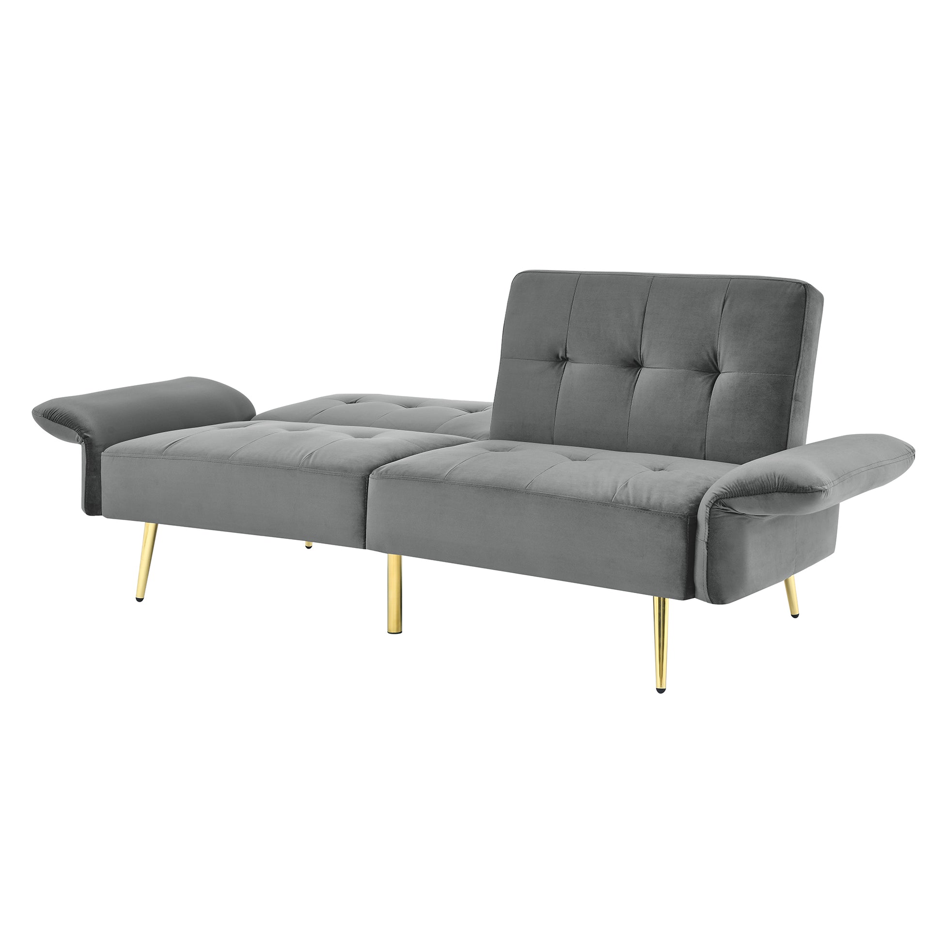 78" Italian Velvet Futon Sofa Bed, Convertible Sleeper Loveseat Couch With Folded Armrests And Storage Bags For Living Room And Small Space, Grey 280G Velvet Gray Foam Solid Wood