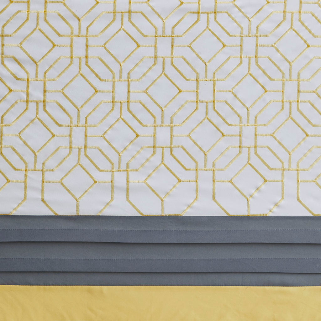 Embroidered And Pieced Shower Curtain Yellow Grey Microfiber