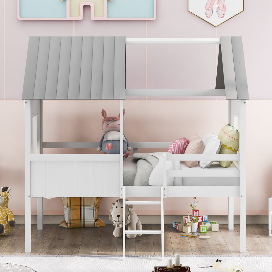 Twin Size Low Loft Wood House Bed With Two Side Windows White Gray Old Sku: Lp000037Aae Gray Solid Wood