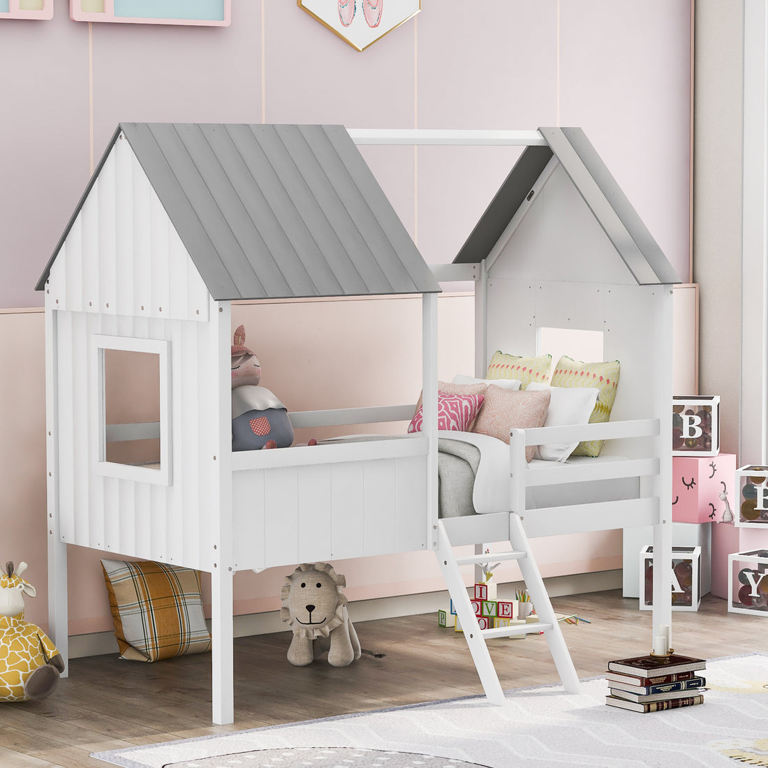 Twin Size Low Loft Wood House Bed With Two Side Windows White Gray Old Sku: Lp000037Aae Gray Solid Wood