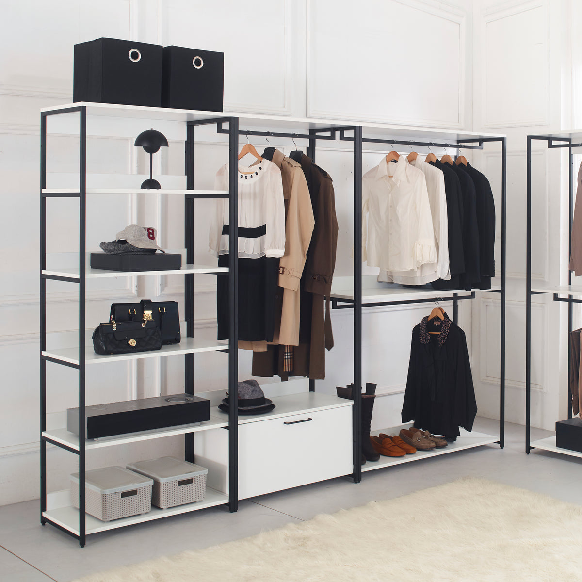 Fiona White Freestanding Walk In Wood Closet System With Metal Frame White Mdf Melamine
