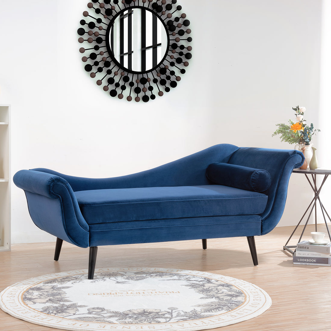 Chaise Lounge With Scroll Arm Blue Fabric