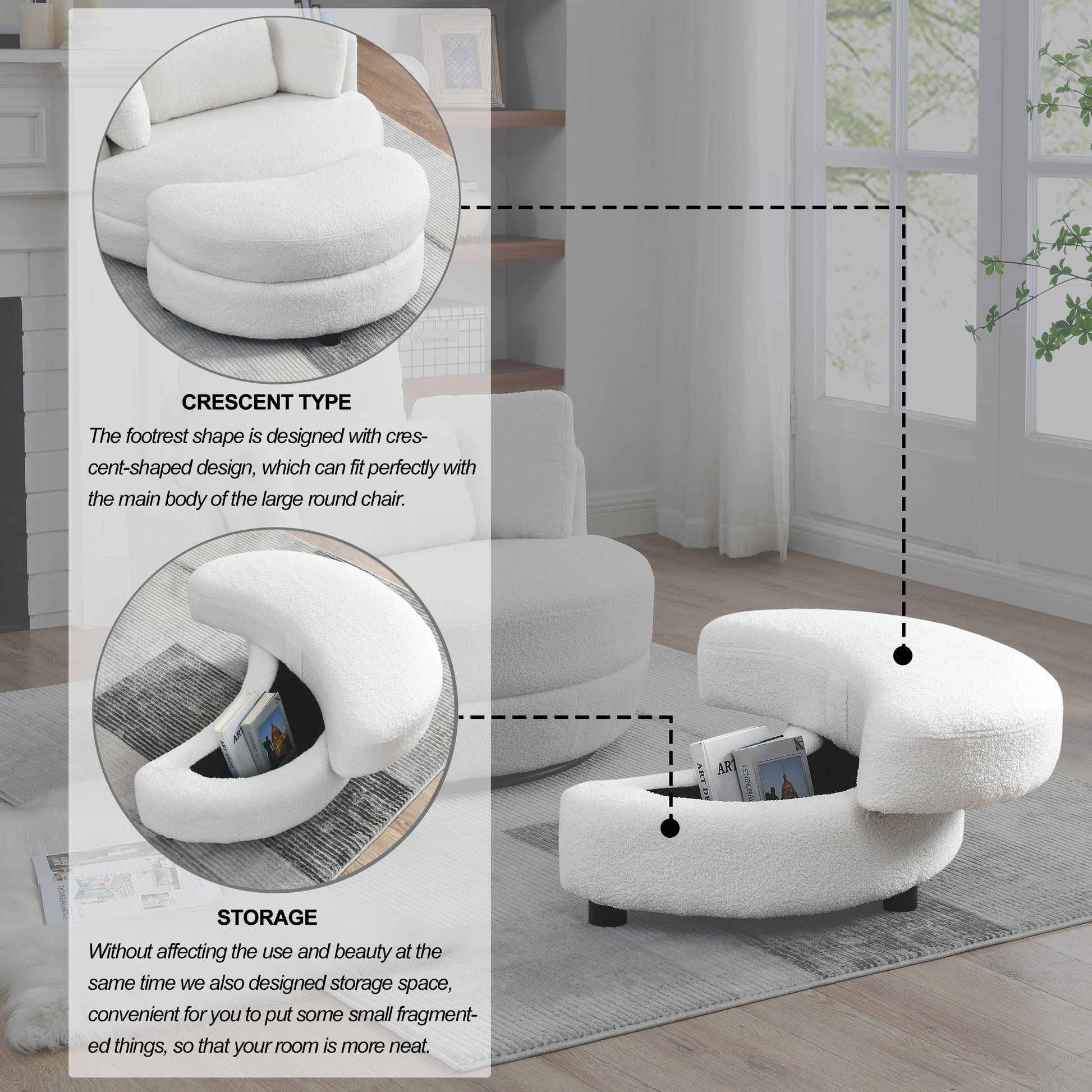 39"W Oversized Swivel Chair With Moon Storage Ottoman For Living Room, Modern Accent Round Loveseat Circle Swivel Barrel Chairs For Bedroom Cuddle Sofa Chair Lounger Armchair, 4 Pillows, Teddy Fabric Ivory Foam Fabric