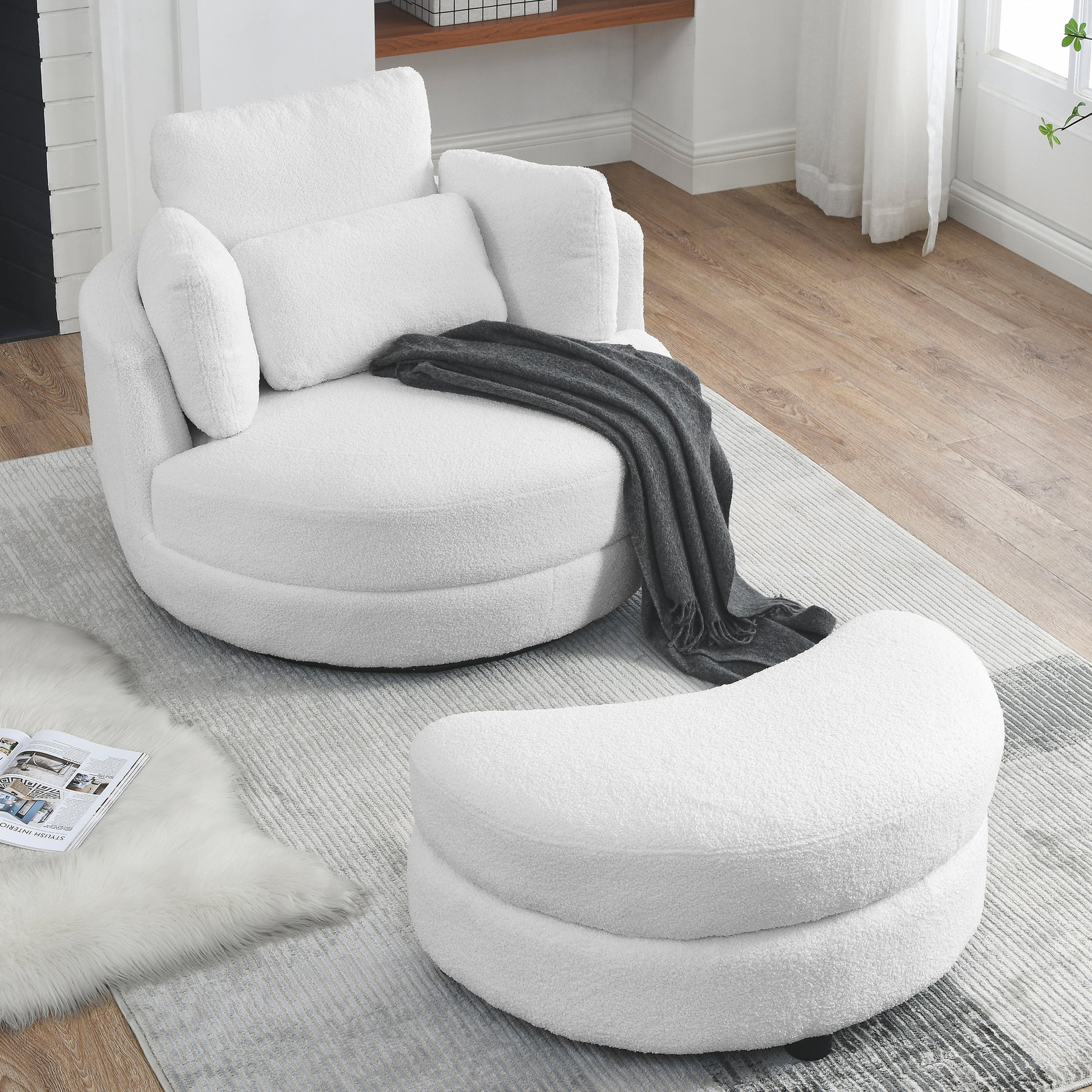 39"W Oversized Swivel Chair With Moon Storage Ottoman For Living Room, Modern Accent Round Loveseat Circle Swivel Barrel Chairs For Bedroom Cuddle Sofa Chair Lounger Armchair, 4 Pillows, Teddy Fabric Ivory Foam Fabric