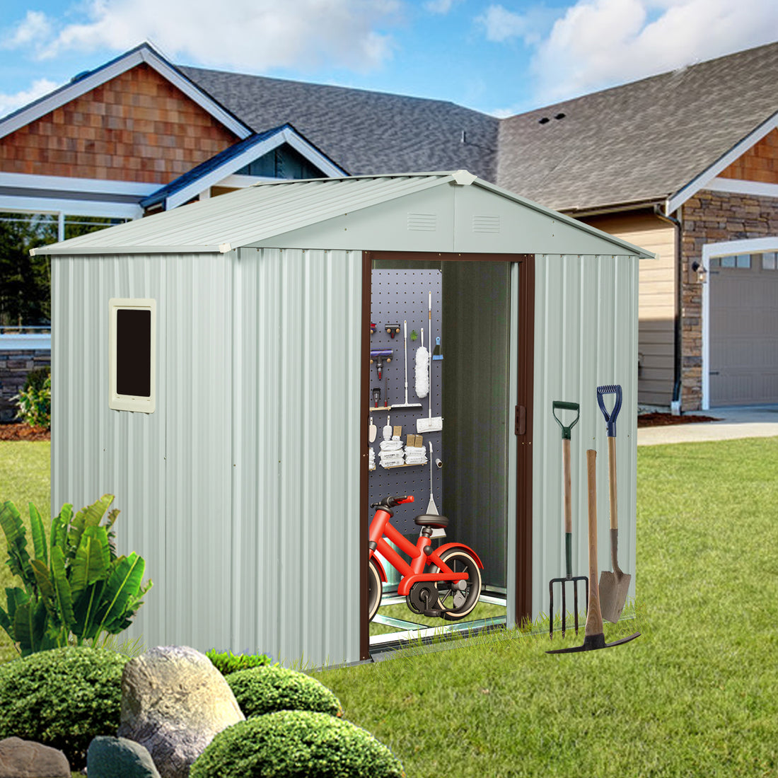 6Ft X 5Ft Outdoor Metal Storage Shed With Window White White Iron