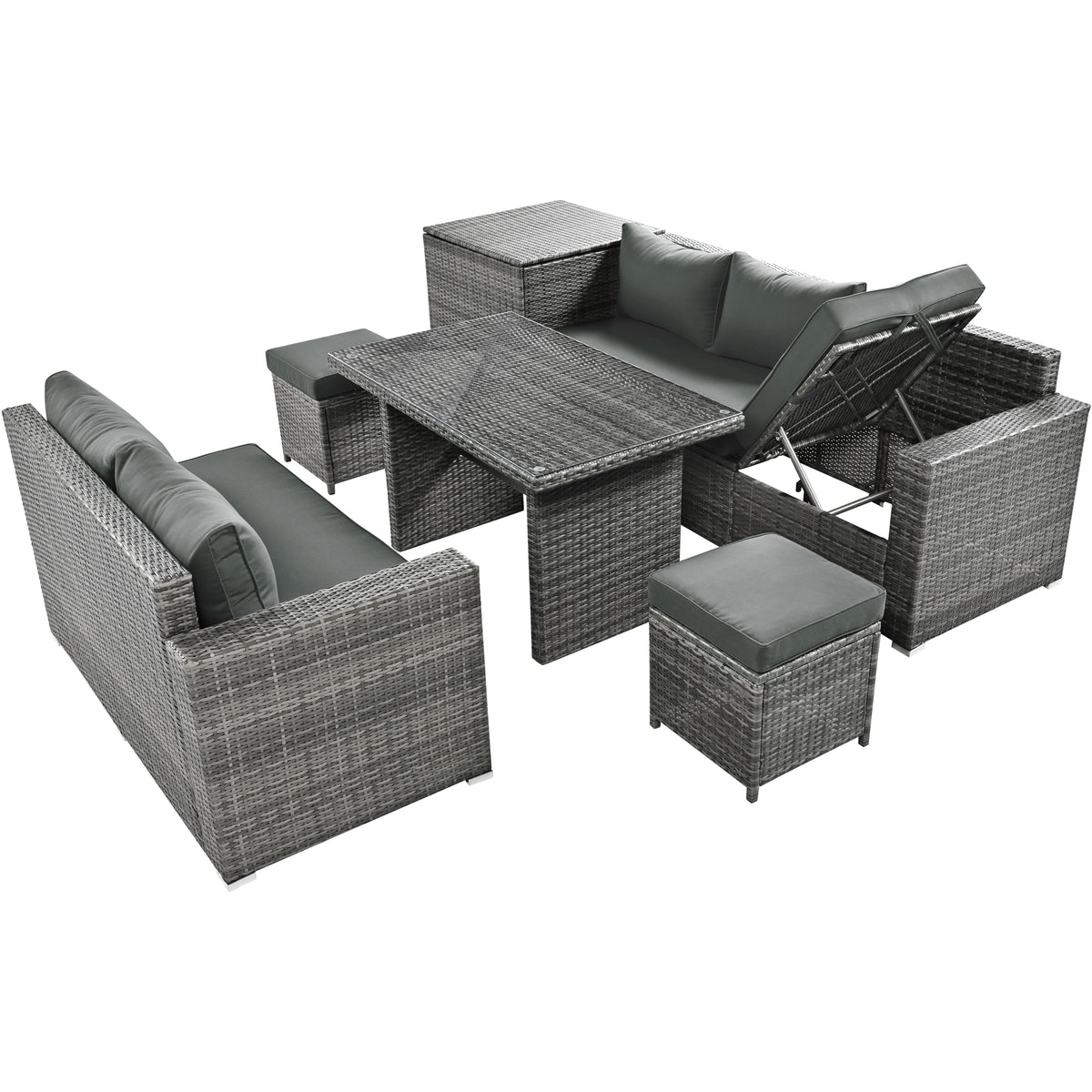 Outdoor 6 Piece All Weather Pe Rattan Sofa Set, Garden Patio Wicker Sectional Furniture Set With Adjustable Seat, Storage Box, Removable Covers And Tempered Glass Top Table,Grey Yes Complete Patio