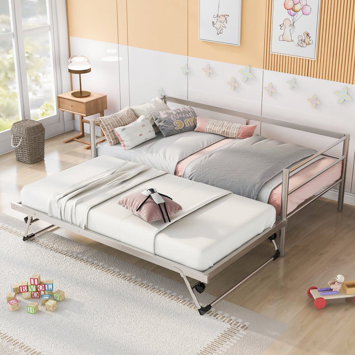 Twin Size Metal Daybed With Adjustable Trundle, Pop Up Trundle, Silver Silver Metal