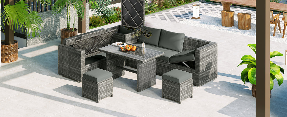Outdoor 6 Piece All Weather Pe Rattan Sofa Set, Garden Patio Wicker Sectional Furniture Set With Adjustable Seat, Storage Box, Removable Covers And Tempered Glass Top Table,Grey Yes Complete Patio