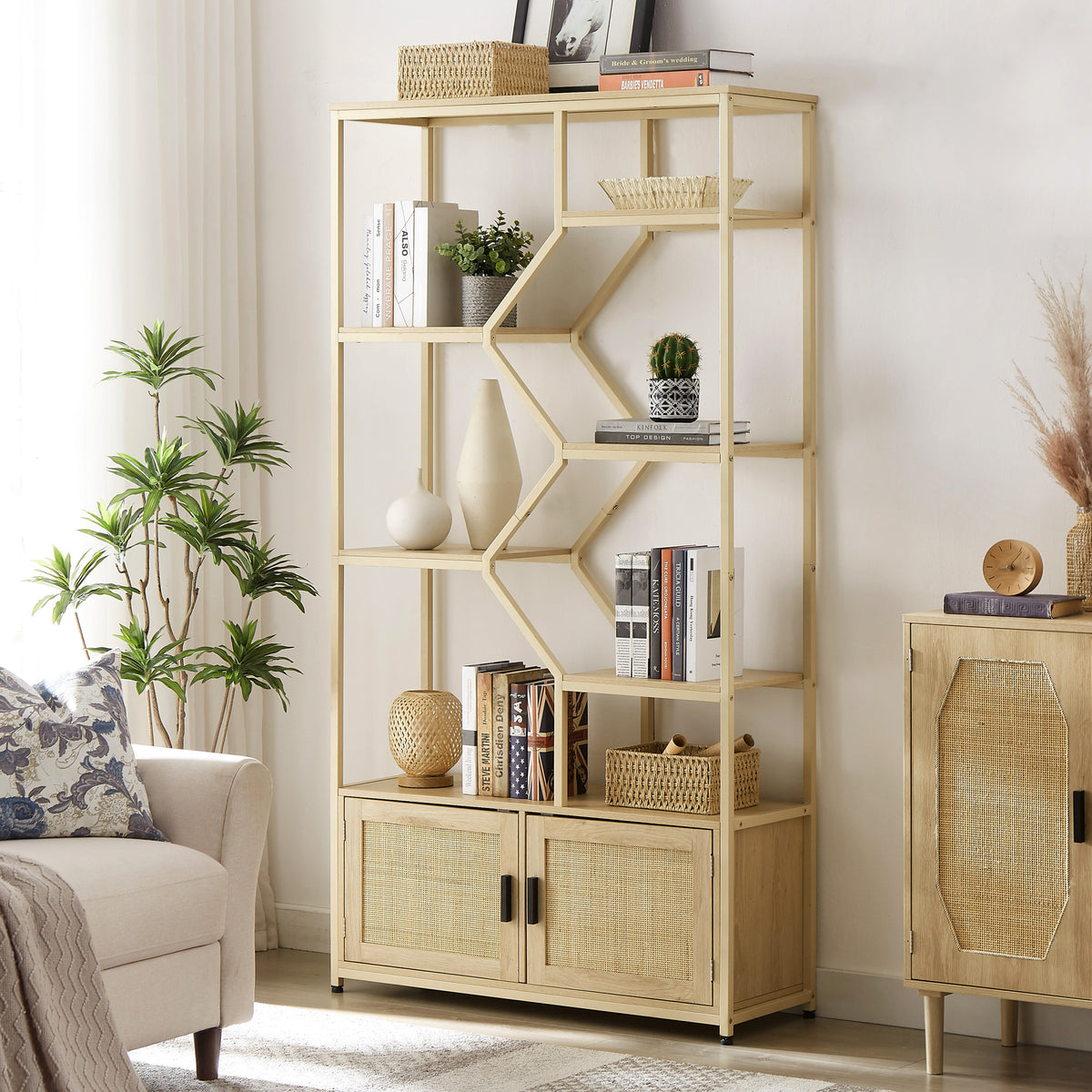 Rattan Bookshelf 7 Tiers Bookcases Storage Rack With Cabinet For Living Room Home Office, Natural, 39.4'' W X 13.8'' D X 75.6'' H. Natural Particle Board