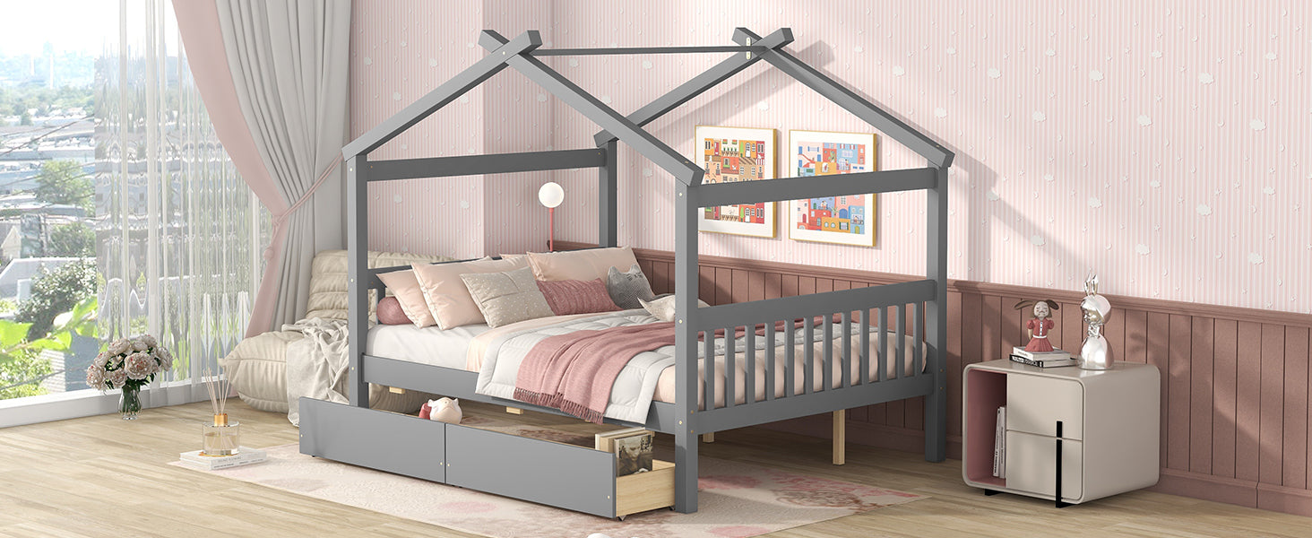 Full Size Wooden House Bed With Drawers, Gray Gray Solid Wood Mdf