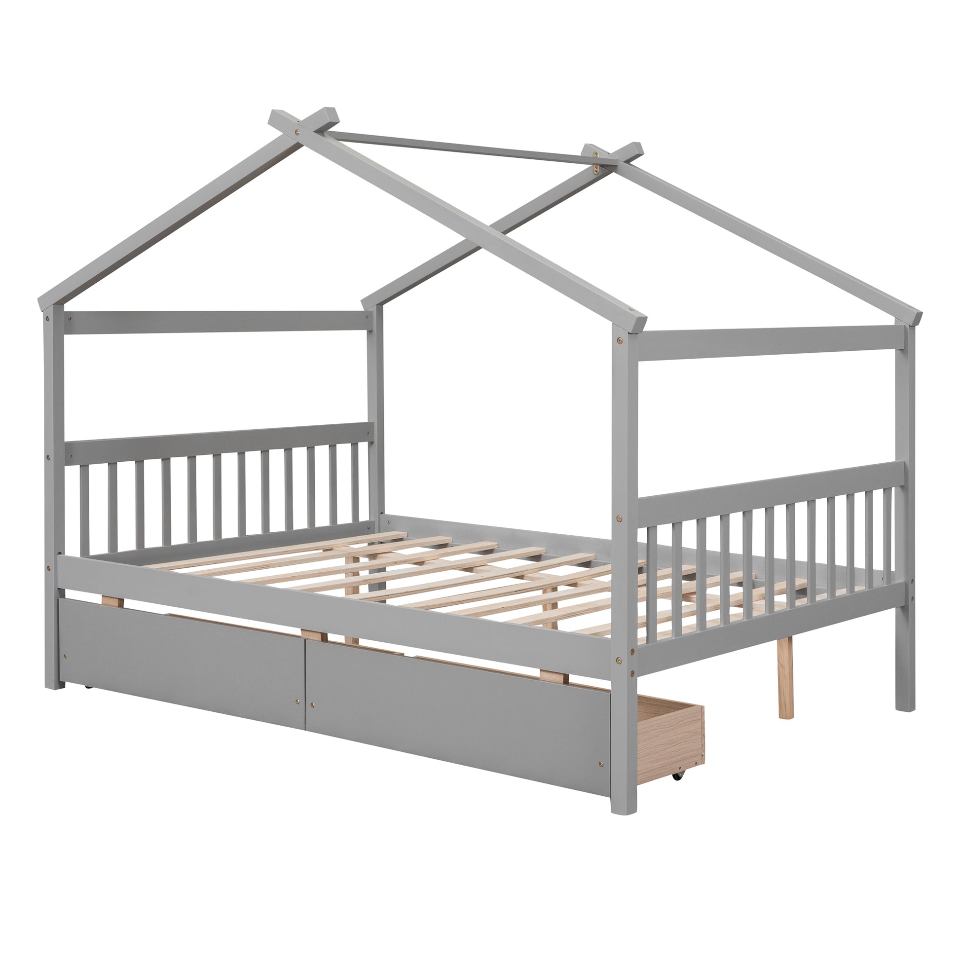 Full Size Wooden House Bed With Drawers, Gray Gray Solid Wood Mdf
