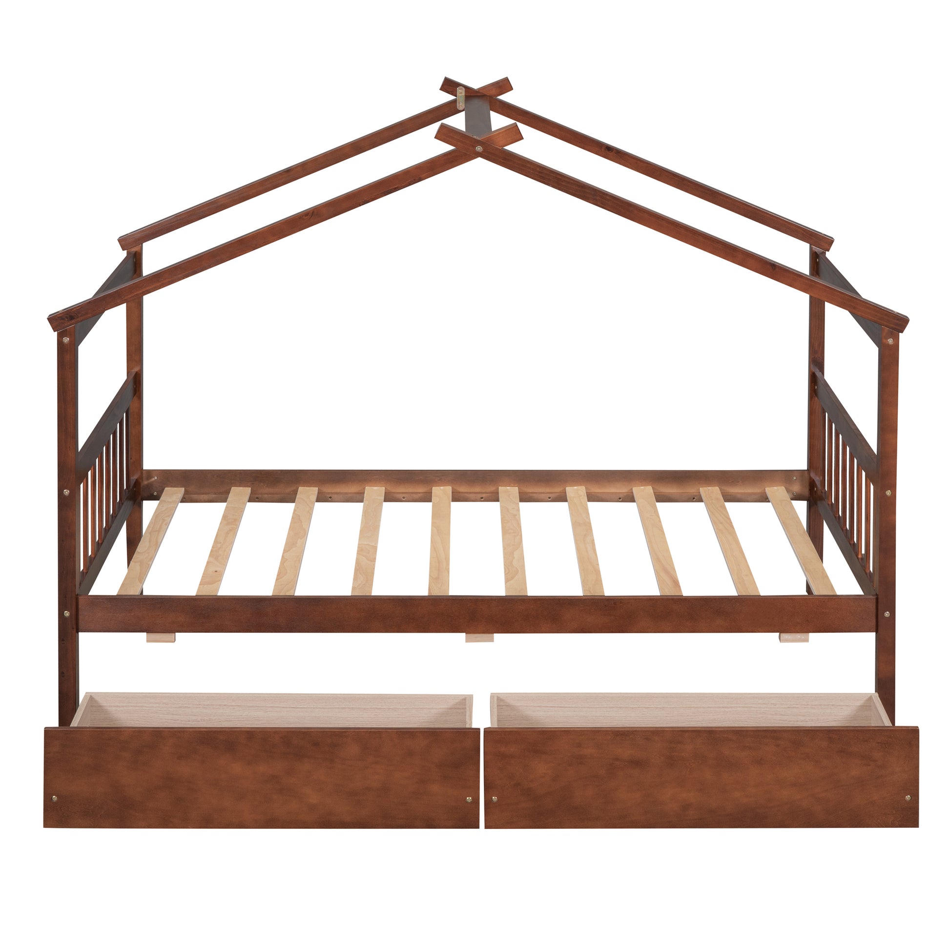 Twin Size Wooden House Bed With Drawers, Walnut Walnut Solid Wood Mdf