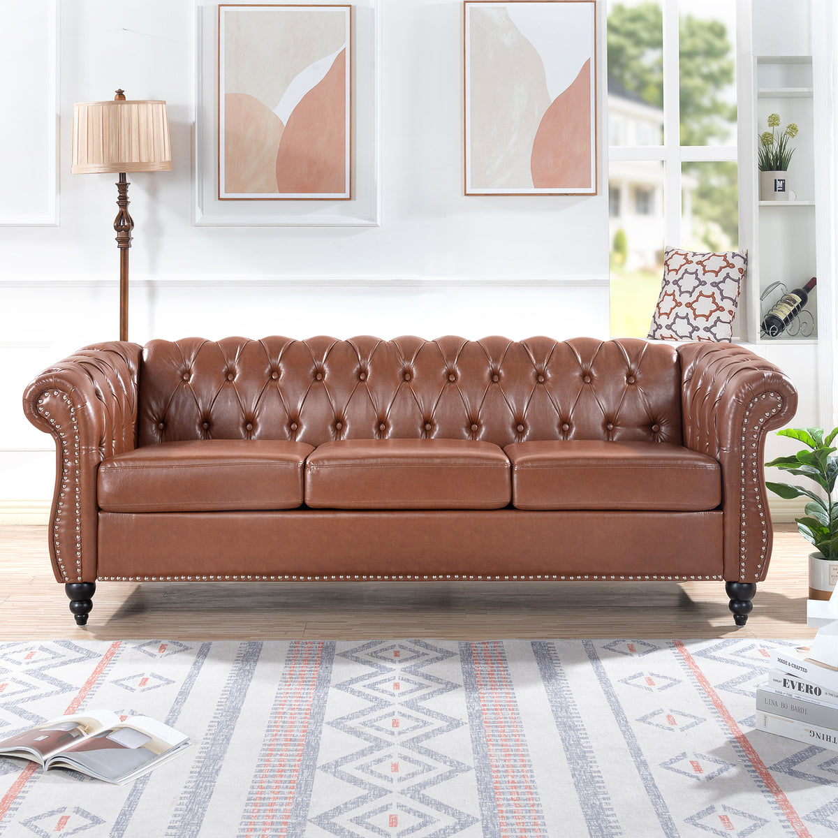 84.65"Brown Pu Rolled Arm Chesterfield Three Seater Sofa. Brown Foam Pu