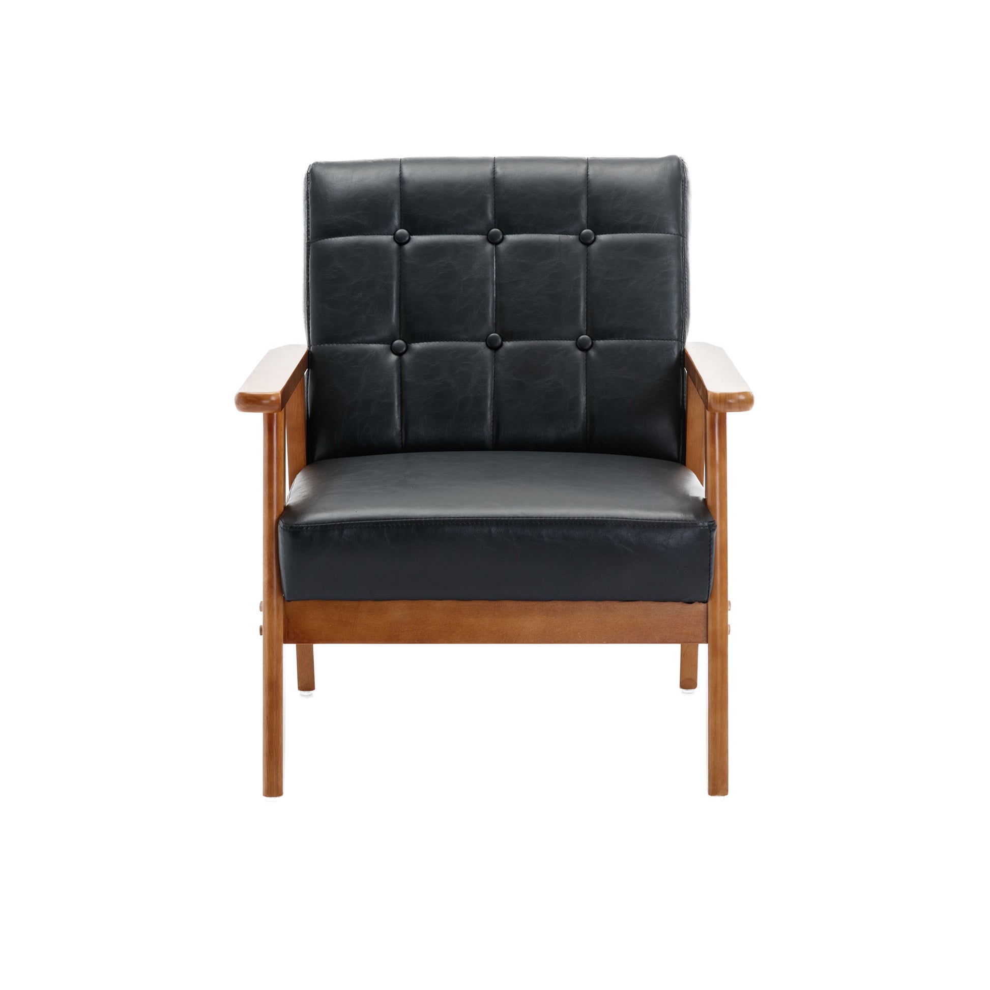 Accent Chairs Set Of 2 With Side Table, Mid Century Modern Accent Chair, Wood And Fabric Armchairs Side Chair, Lounge Reading Comfy Arm Chair For Living Room, Bedroom, Office Black Pu Pu Leather