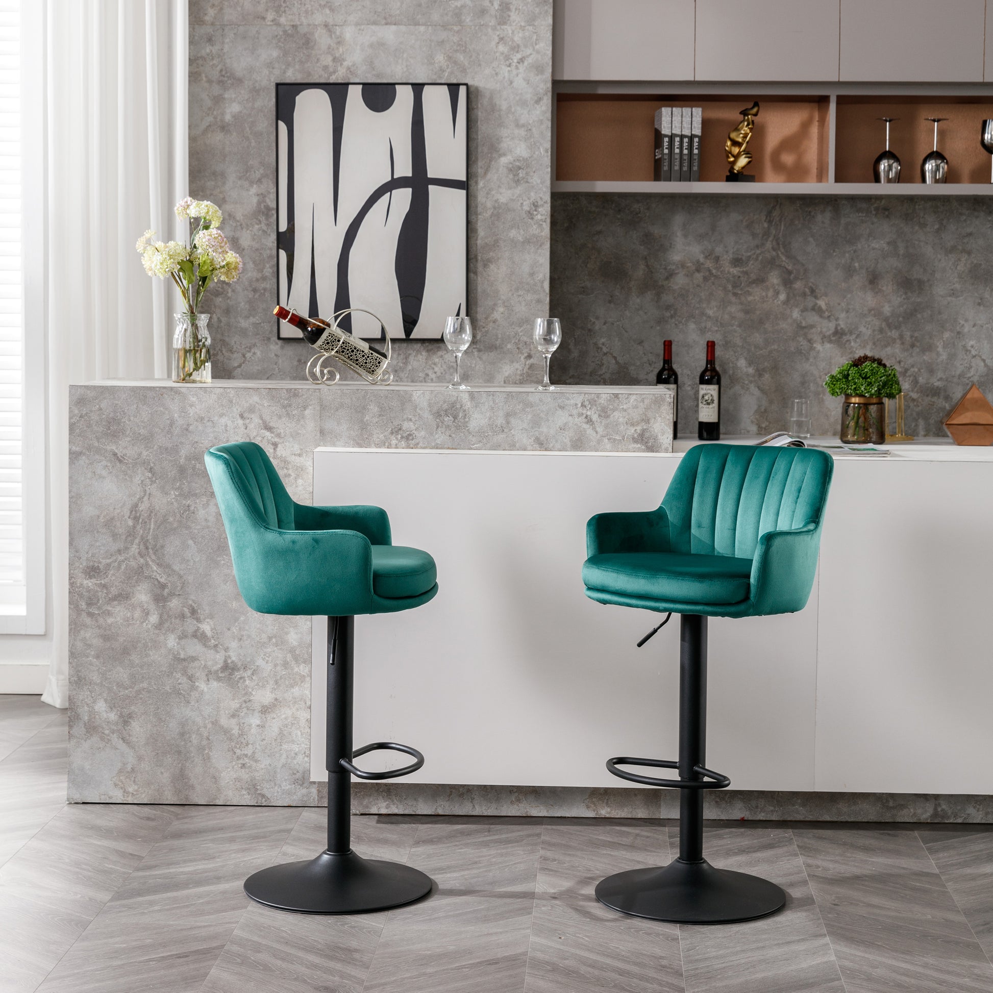 Bar Stools Set Of 2 Adjustable Barstools With Back And Footrest, Counter Height Bar Chairs For Kitchen, Pub Green Green Foam Fabric