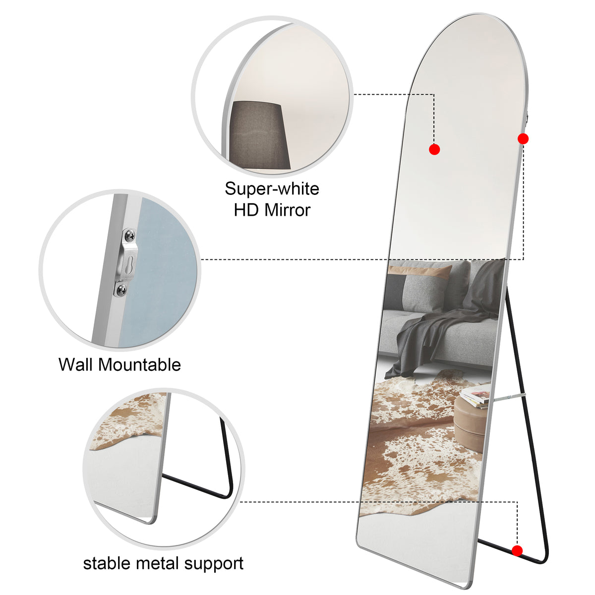 4Rd Generation Silver Aluminum Alloy Metal Frame Arched Wall Mirror, Bathroom Makeup Mirror, Decorative Mirror, Clothing Store, Floor Standing Large Mirror, Wall Mounted. 65 "* 23"W1151125606 Silver Glass