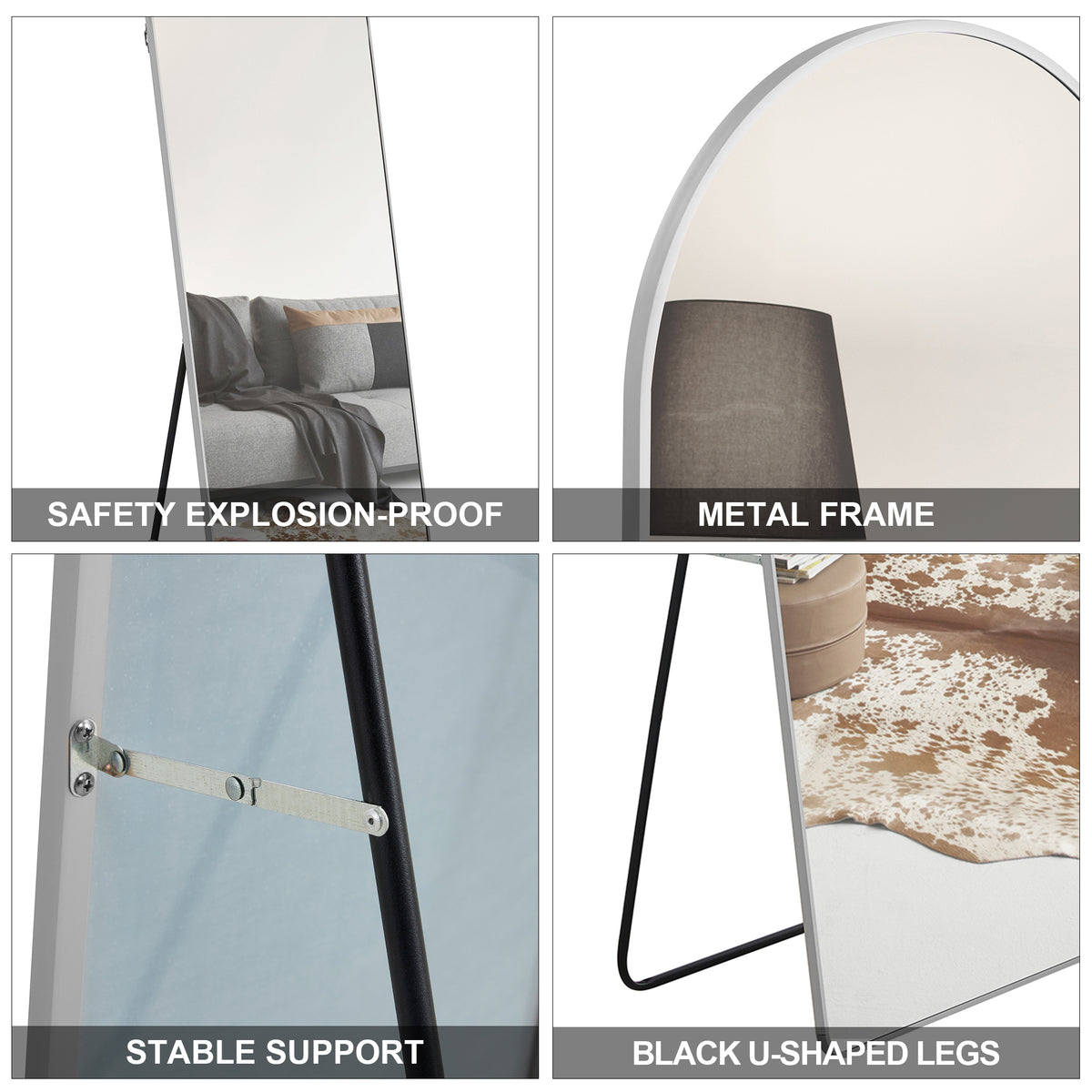 4Rd Generation Silver Aluminum Alloy Metal Frame Arched Wall Mirror, Bathroom Makeup Mirror, Decorative Mirror, Clothing Store, Floor Standing Large Mirror, Wall Mounted. 65 "* 23"W1151125606 Silver Glass