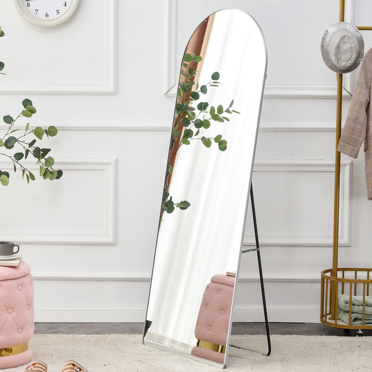 4Rd Generation Silver Aluminum Alloy Metal Frame Arched Wall Mirror, Bathroom Makeup Mirror, Decorative Mirror, Clothing Store, Floor Standing Large Mirror, Wall Mounted. 65 "* 23"W1151125606 Silver Glass