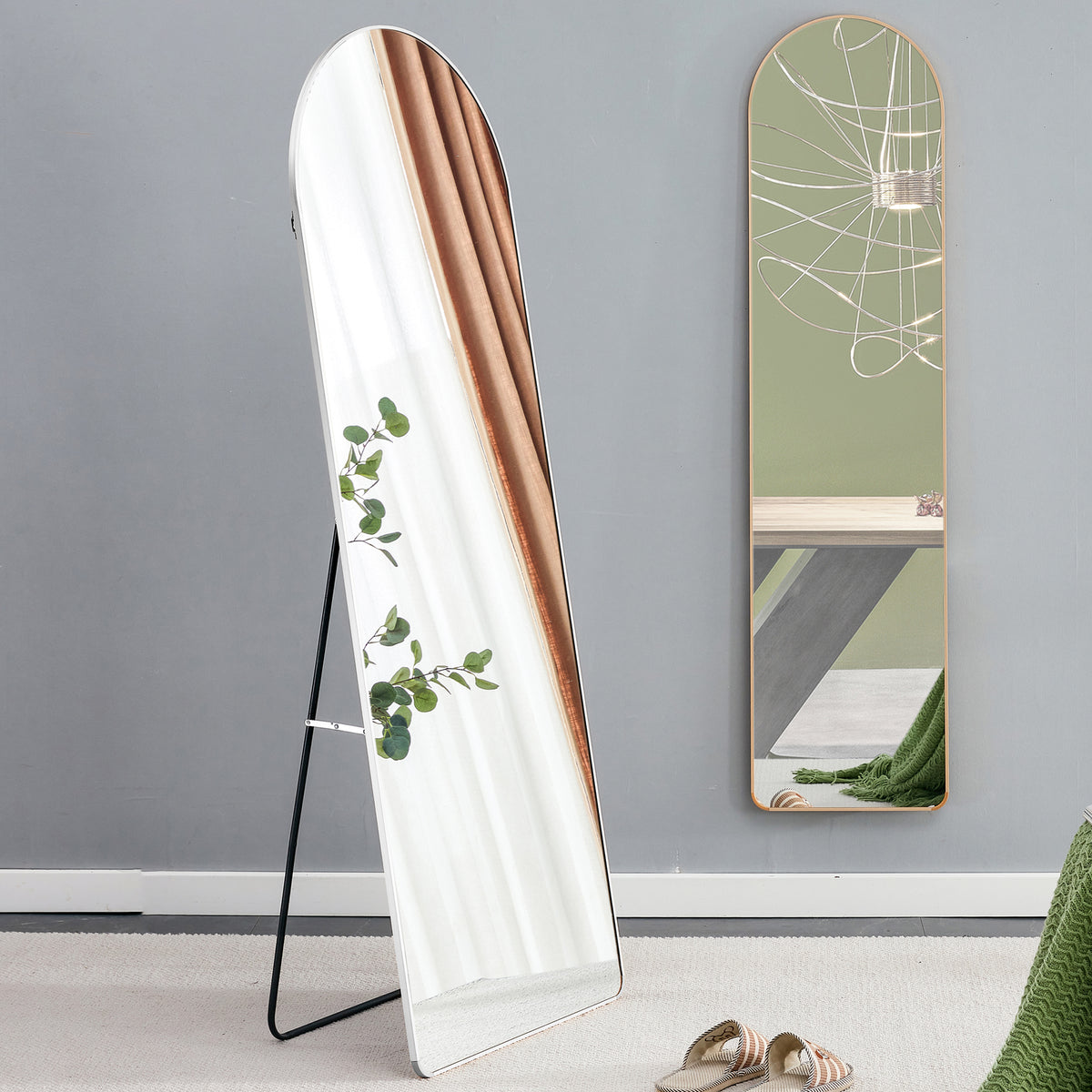 4Rd Generation Silver Aluminum Alloy Metal Frame Arched Wall Mirror, Bathroom Makeup Mirror, Decorative Mirror, Clothing Store, Floor Standing Large Mirror, Wall Mounted. 65 "* 23"W1151125606 Silver Glass
