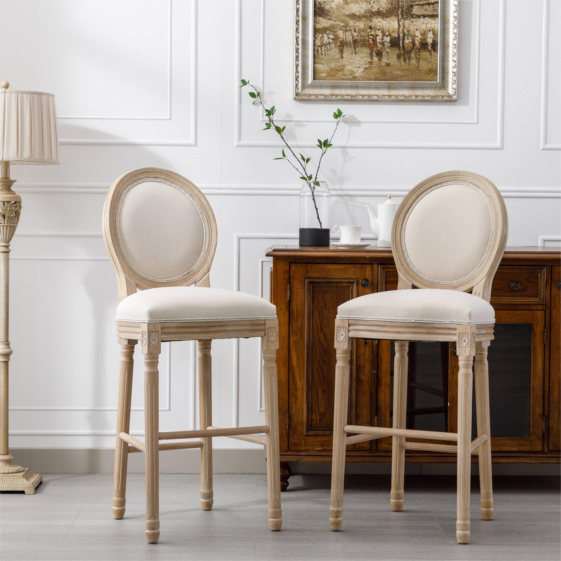French Country Wooden Barstools With Upholstered Seatingbeige And Natural Set Of 2 Beige Fabric Solid Wood Mdf