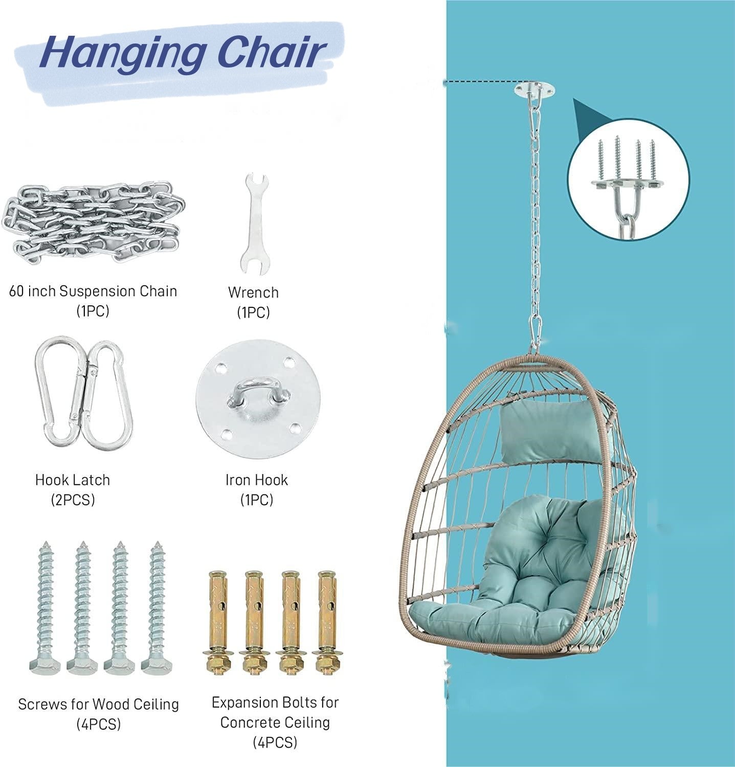 Outdoor Garden Rattan Egg Swing Chair Hanging Chair Wood Khaki Yes Sectional Khaki Uv Resistant Frame Water Resistant Cushion Garden & Outdoor American Design Complete Patio Sets Polypropylene