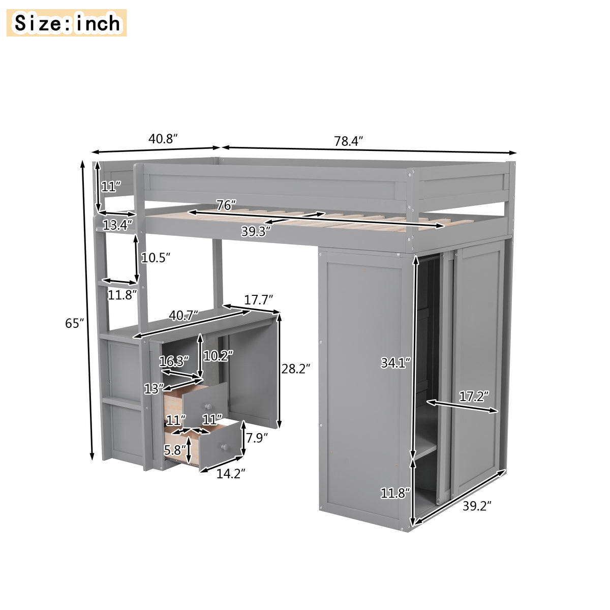 Wood Twin Size Loft Bed With Wardrobes And 2 Drawer Desk With Cabinet, Gray Gray Solid Wood Mdf