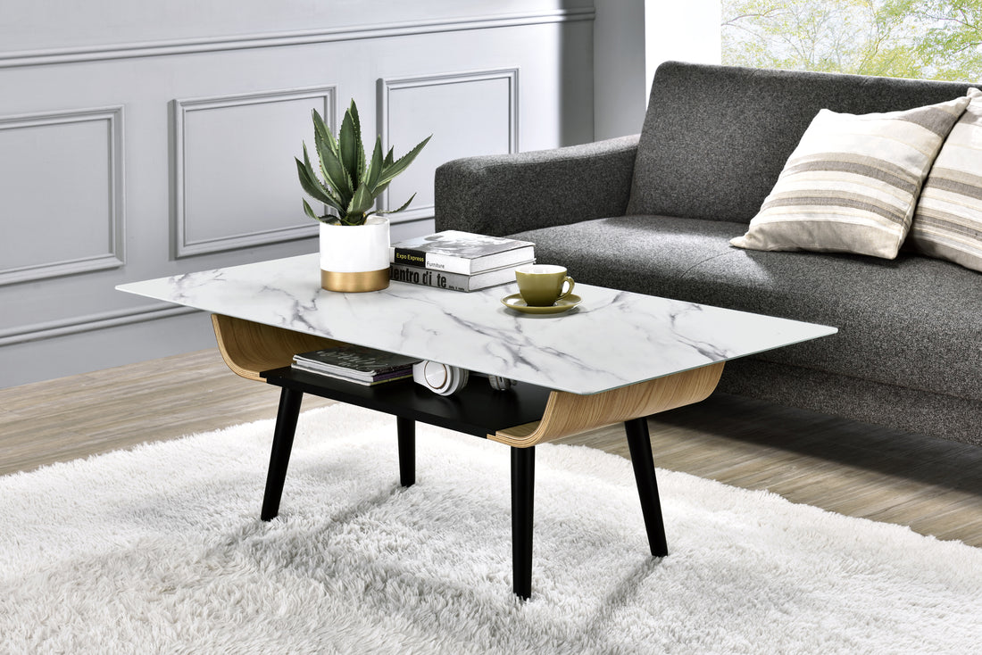 Landon 47" Coffee Table With Glass White Marble Texture Top And Bent Wood Design White Glass