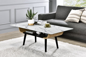 Landon 47" Coffee Table With Glass White Marble Texture Top And Bent Wood Design White Glass