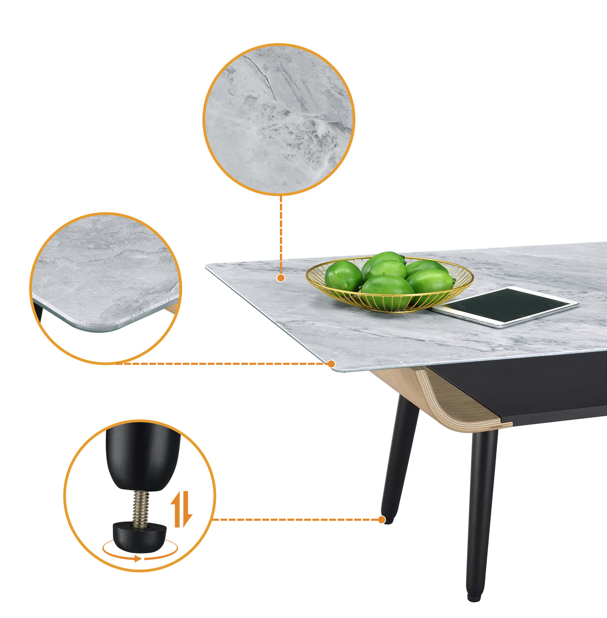 Landon 47" Coffee Table With Glass Gray Marble Texture Top And Bent Wood Design Gray Glass