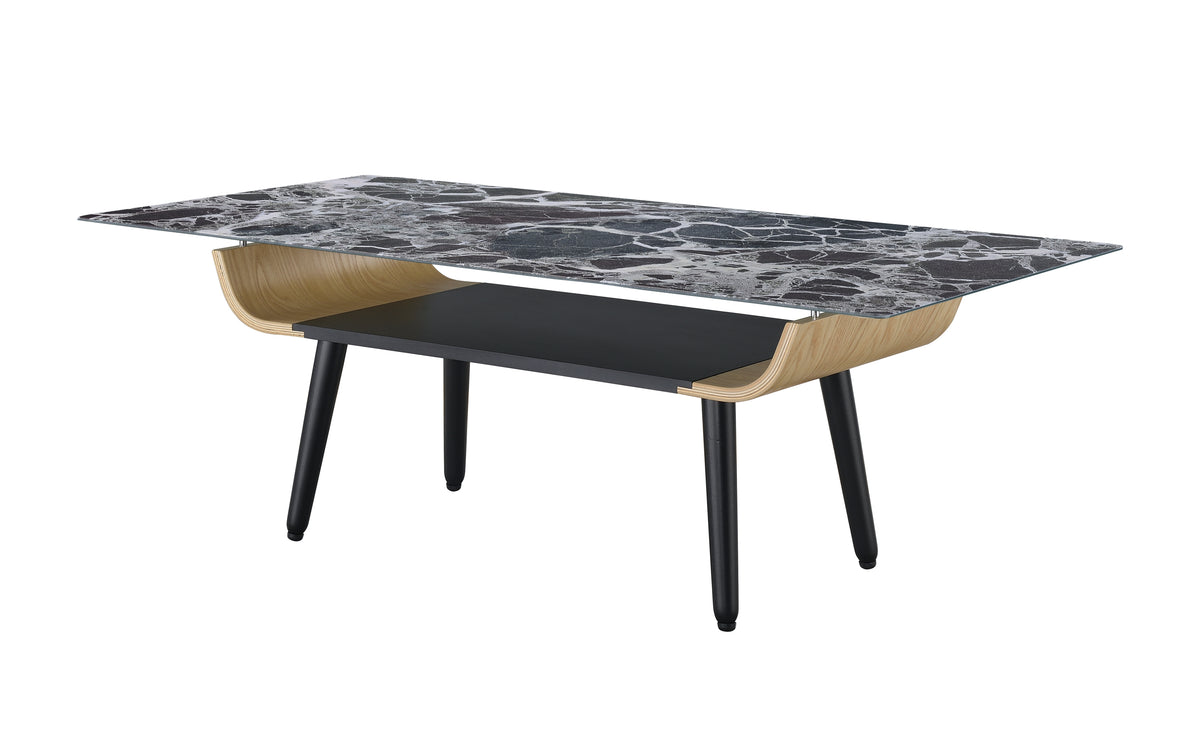 Landon 47" Coffee Table With Glass Black Marble Texture Top And Bent Wood Design Black Glass