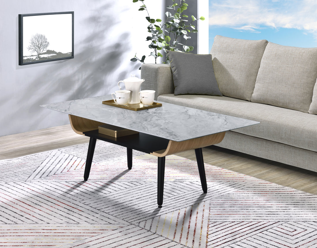 Landon 47" Coffee Table With Glass Gray Marble Texture Top And Bent Wood Design Gray Glass