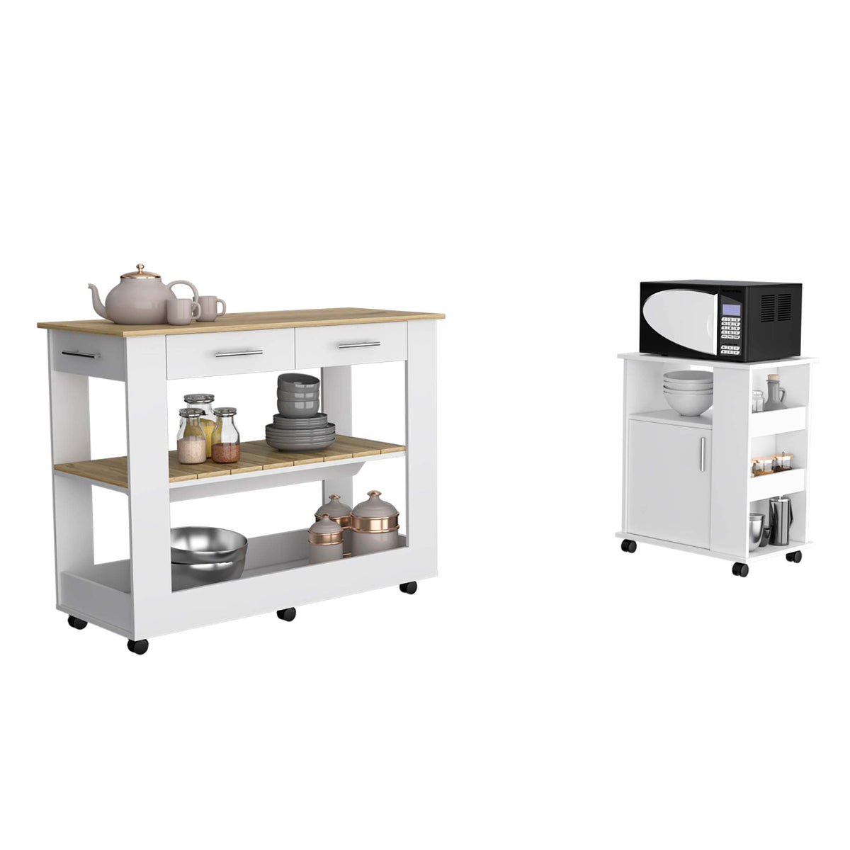 Tournament 6 Shelf 1 Door 3 Drawer 2 Piece Kitchen Set, Kitchen Island And Kitchen Cart White And Light Oak White Mdf