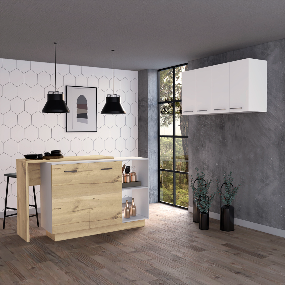 White And Light Oak 4 Shelf 6 Door 2 Piece Kitchen Set, Kitchen Island And Upper Wall Cabinet White Mdf