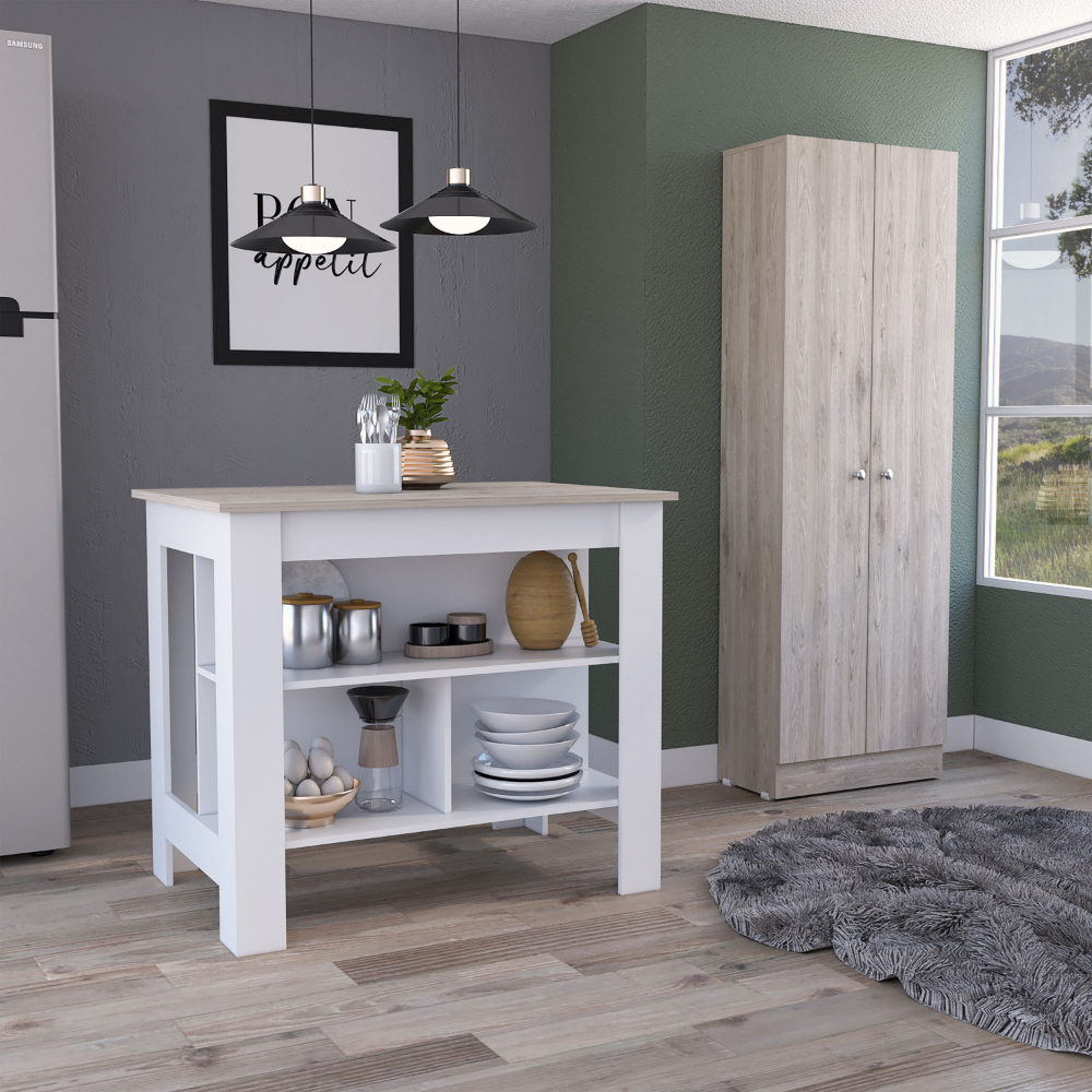 Roblar 8 Shelf 2 Door 2 Piece Kitchen Set, Kitchen Island And Pantry Cabinet White And Light Gray White Mdf