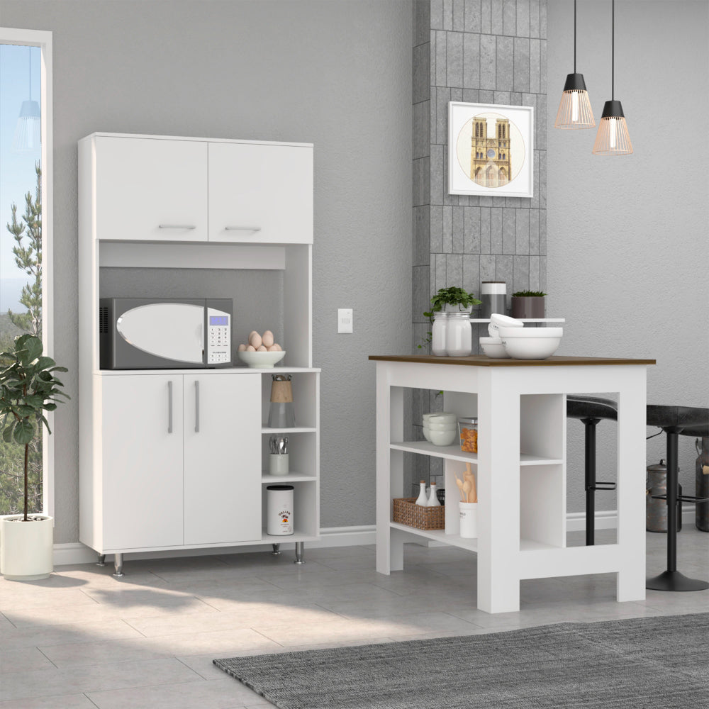 Ralston 7 Shelf 4 Door 2 Piece Kitchen Set, Kitchen Island And Pantry Cabinet White And Walnut White Mdf