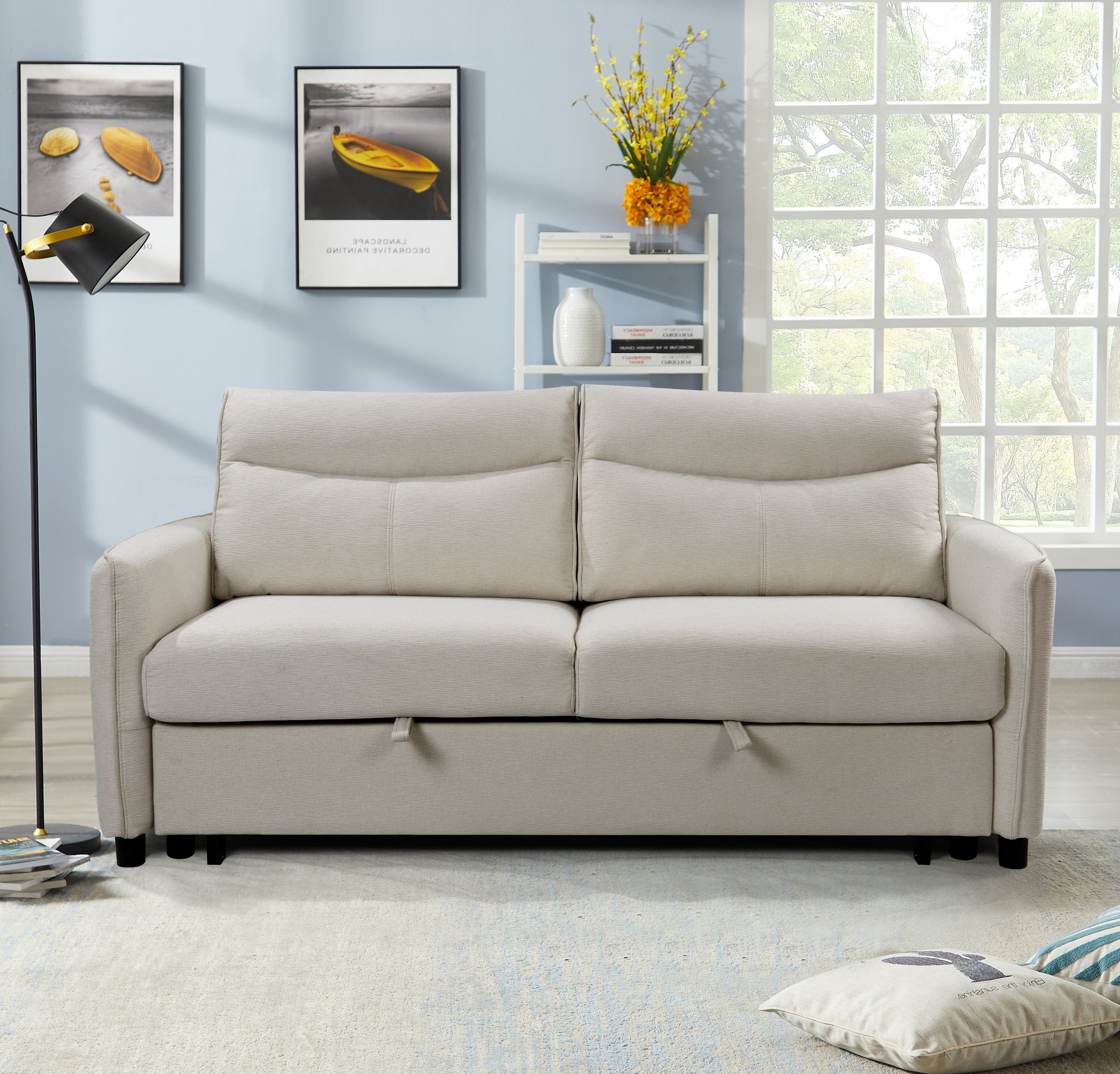 3 In 1 Convertible Sleeper Sofa Bed, Modern Fabric Loveseat Futon Sofa Couch W Pullout Bed, Small Beautiful Seat Lounge Sofa W Reclining Backrest, Furniture For Living Room, Beige Beige Foam Upholstered