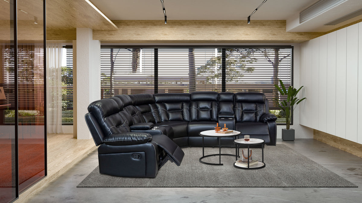 Manual Reclining Sofa Faux Leather Sofa Set Black Black Pu 5 Seat