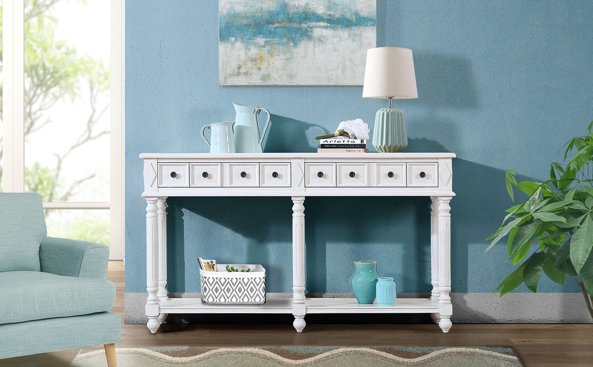 Retro Console Table Entryway Table 58" Long Sofa Table With 2 Drawers In Same Size And Bottom Shelf For Storage Antique White Antique White Solid Wood