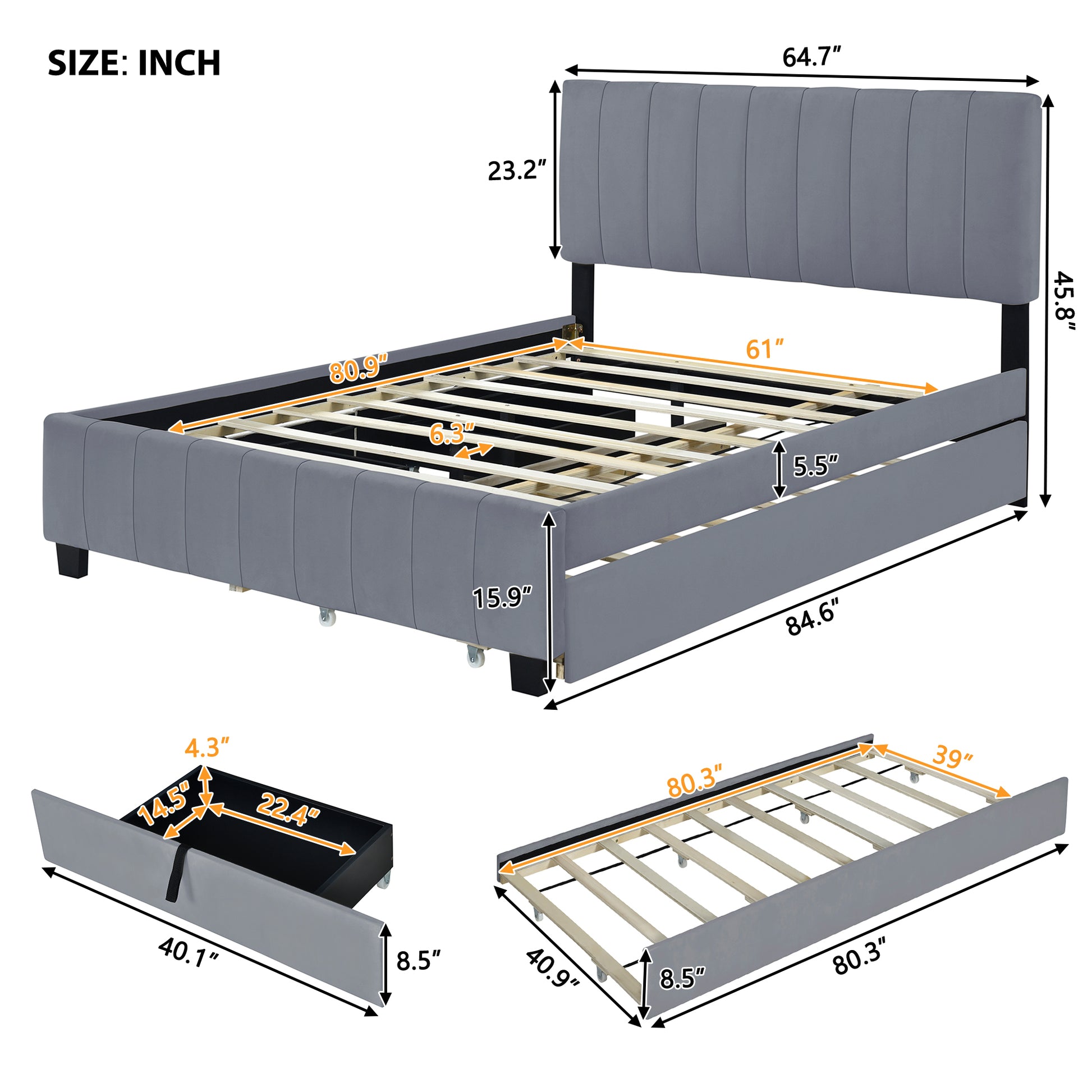 Queen Size Velvet Upholstered Platform Bed With 2 Drawers And 1 Twin Xl Trundle Gray Gray Upholstered